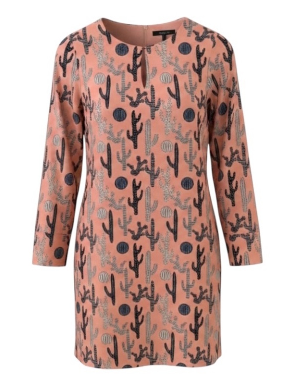Vilagallo Peach with Multi Cactus Print Bracelet Sleeve Silk Shift Dress Size 38